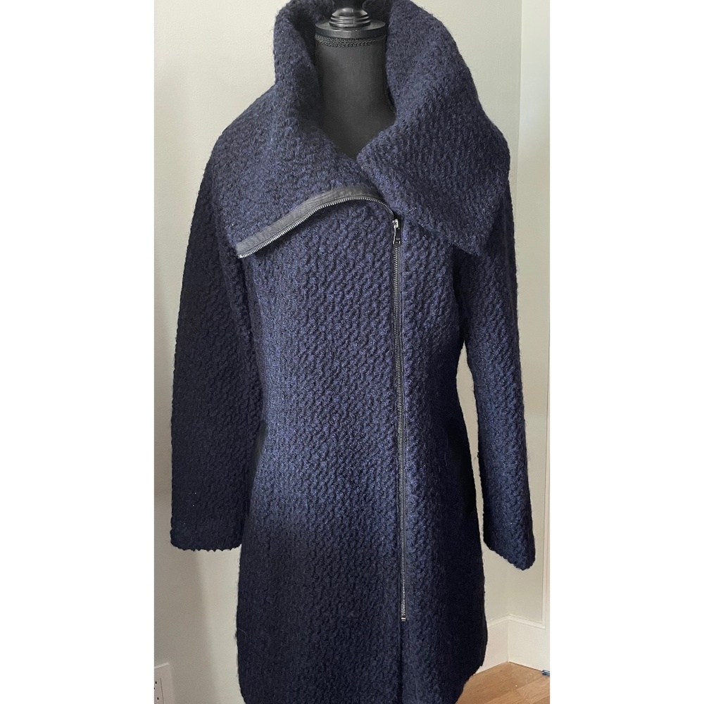 COLE HAAN Signature Mid-Length Wool Asymmetrical Full Zip Shawl Collar Pea Coat